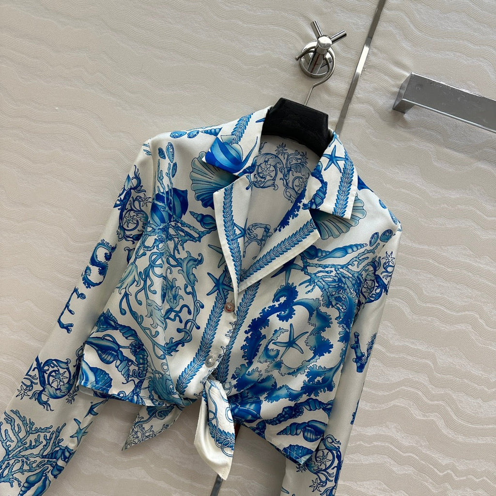 VERSACE SILK SHIRT WITH CORAL PRINT AND NOTCHED COLLAR
