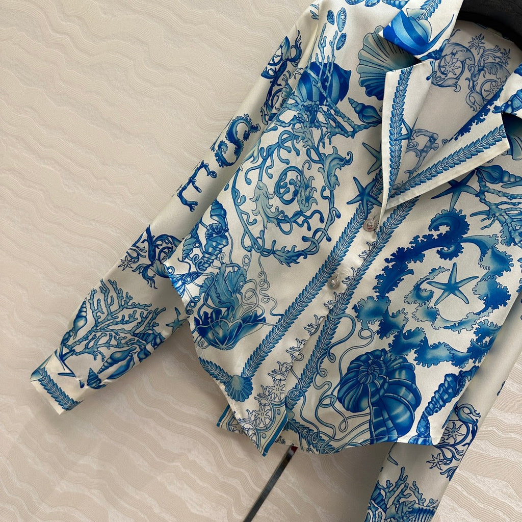 VERSACE SILK SHIRT WITH CORAL PRINT AND NOTCHED COLLAR