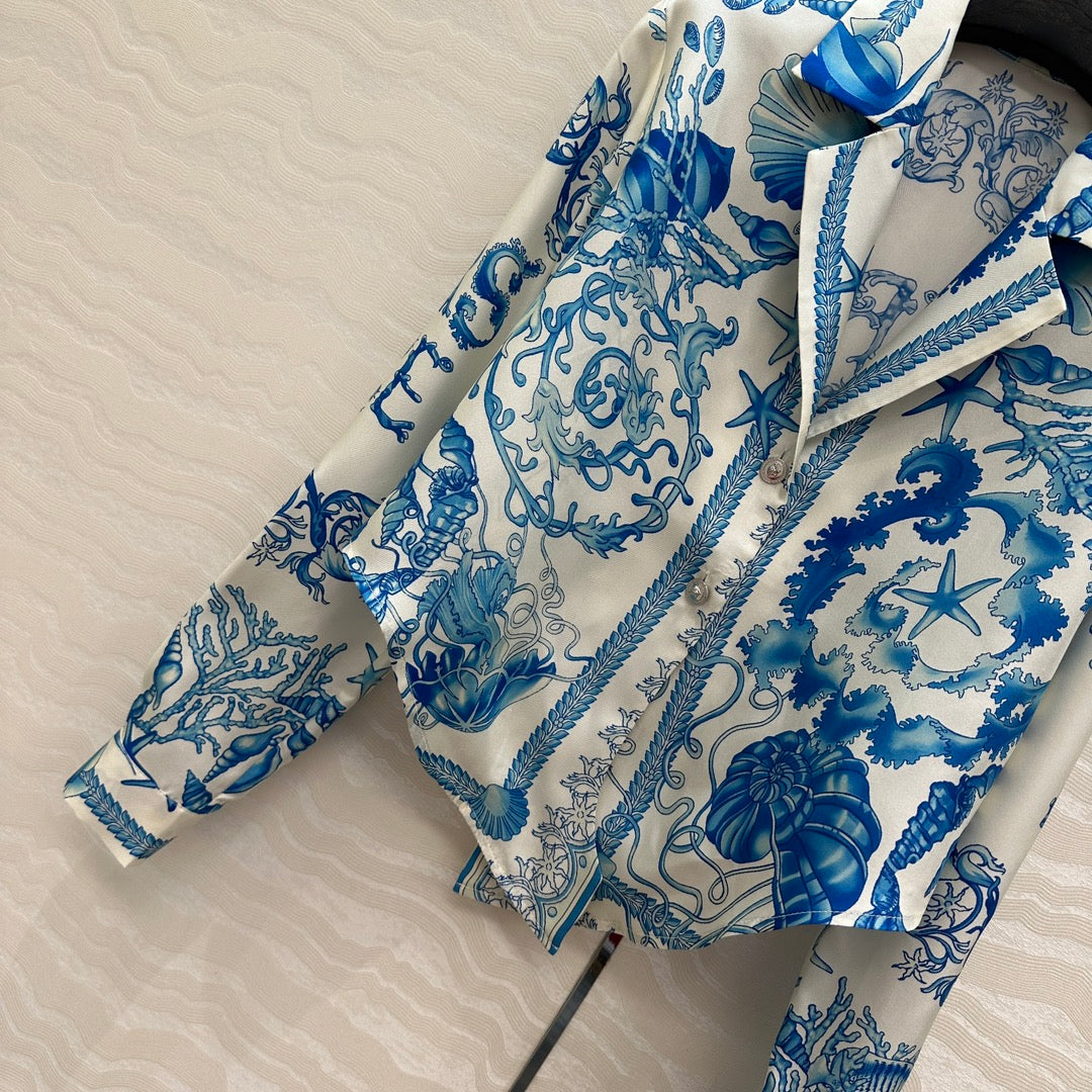 VERSACE SILK SHIRT WITH CORAL PRINT AND NOTCHED COLLAR