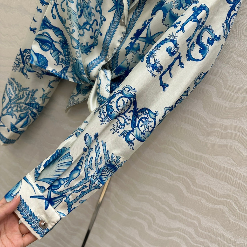VERSACE SILK SHIRT WITH CORAL PRINT AND NOTCHED COLLAR