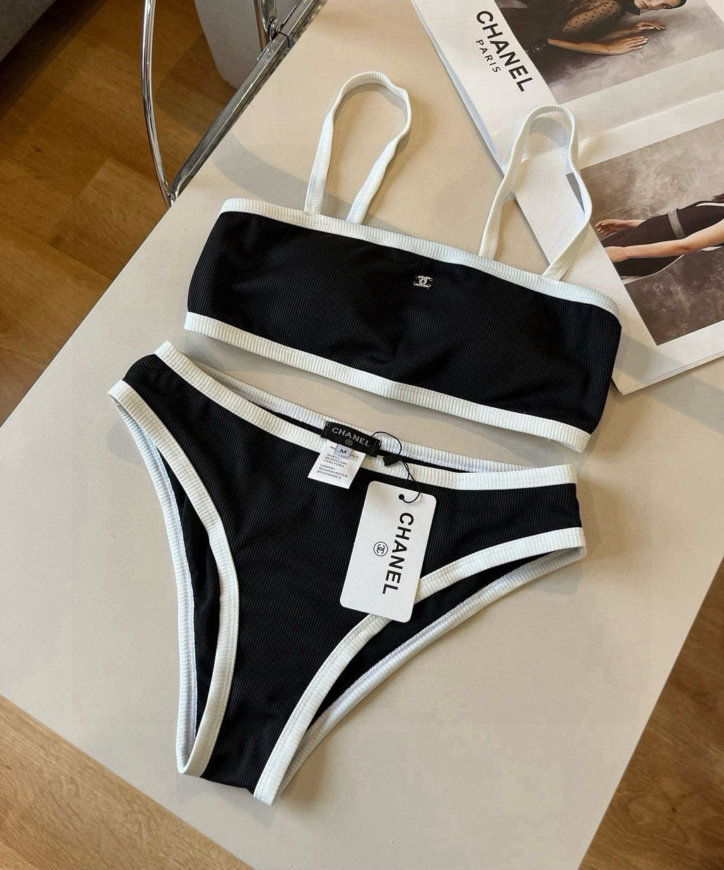 CC BIKINI SWIMSUIT SET IN BLACK AND WHITE TRIM 633212