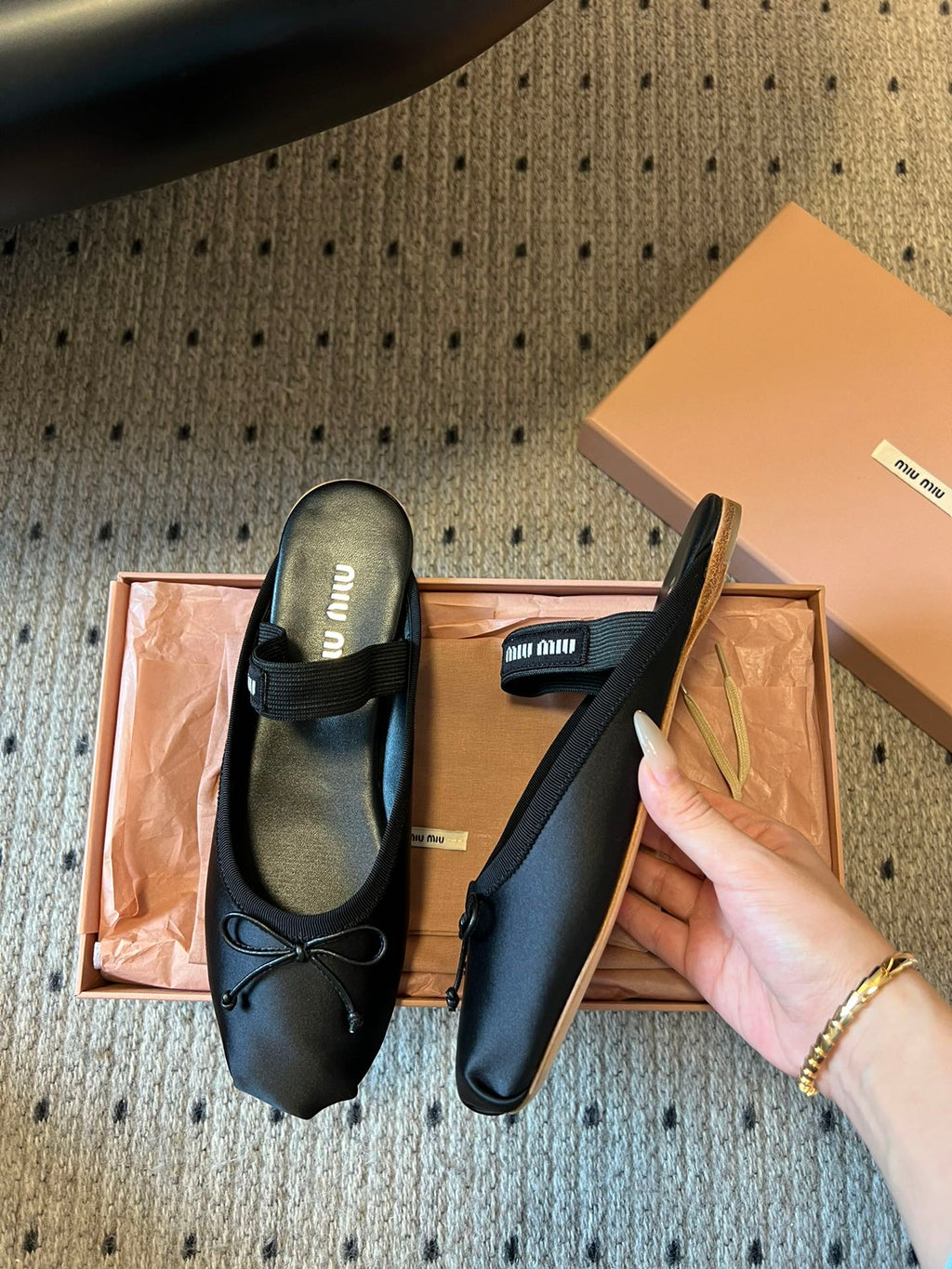 MIUMIU 26S BALLET MULES IN BLACK SATIN WITH BOW