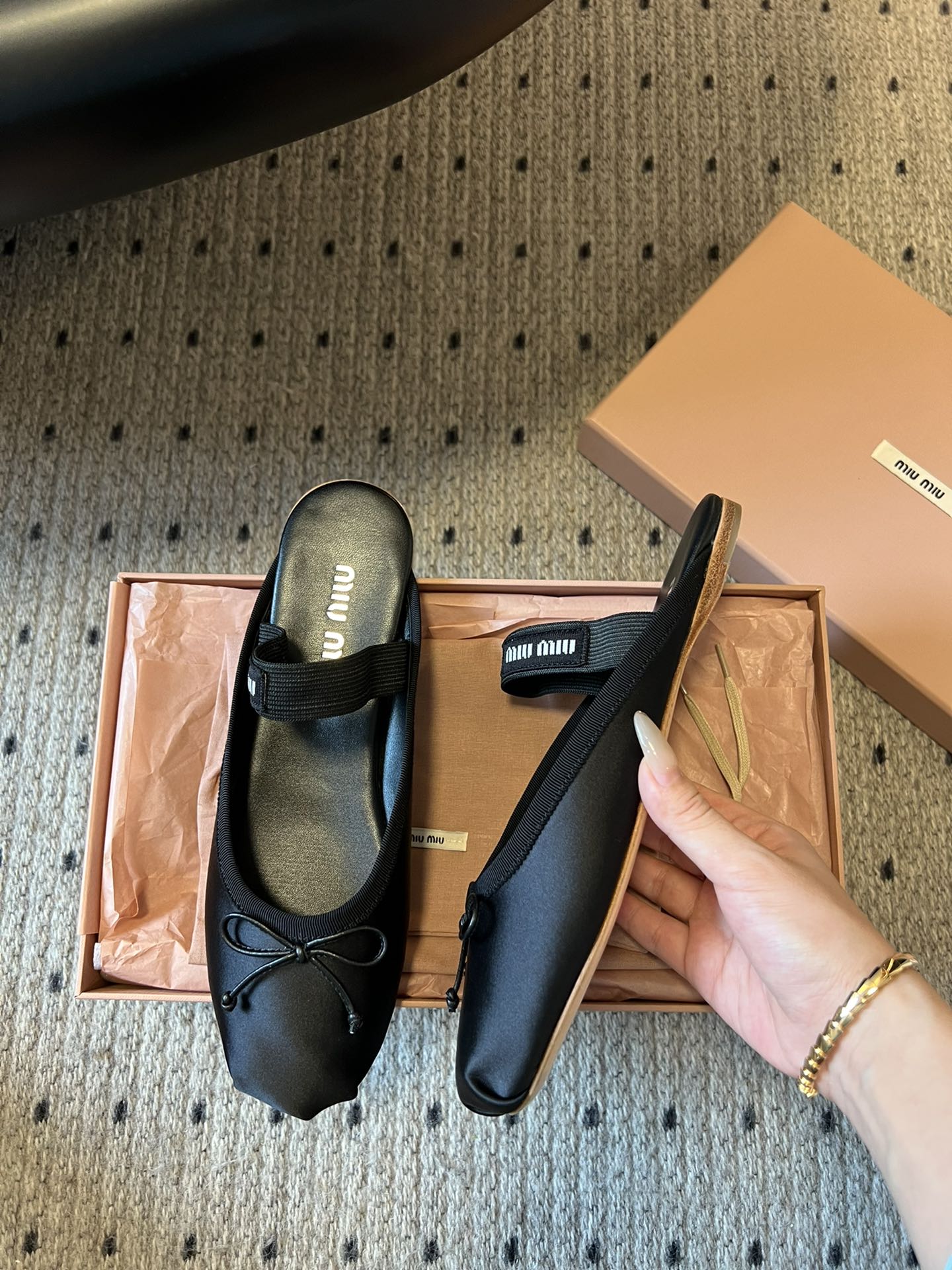 MIUMIU 26S BALLET MULES IN BLACK SATIN WITH BOW