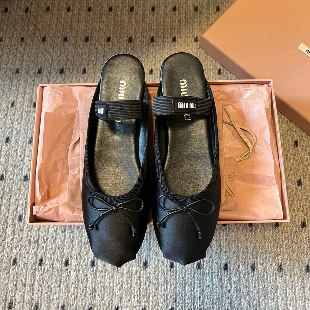 MIUMIU 26S BALLET MULES IN BLACK SATIN WITH BOW