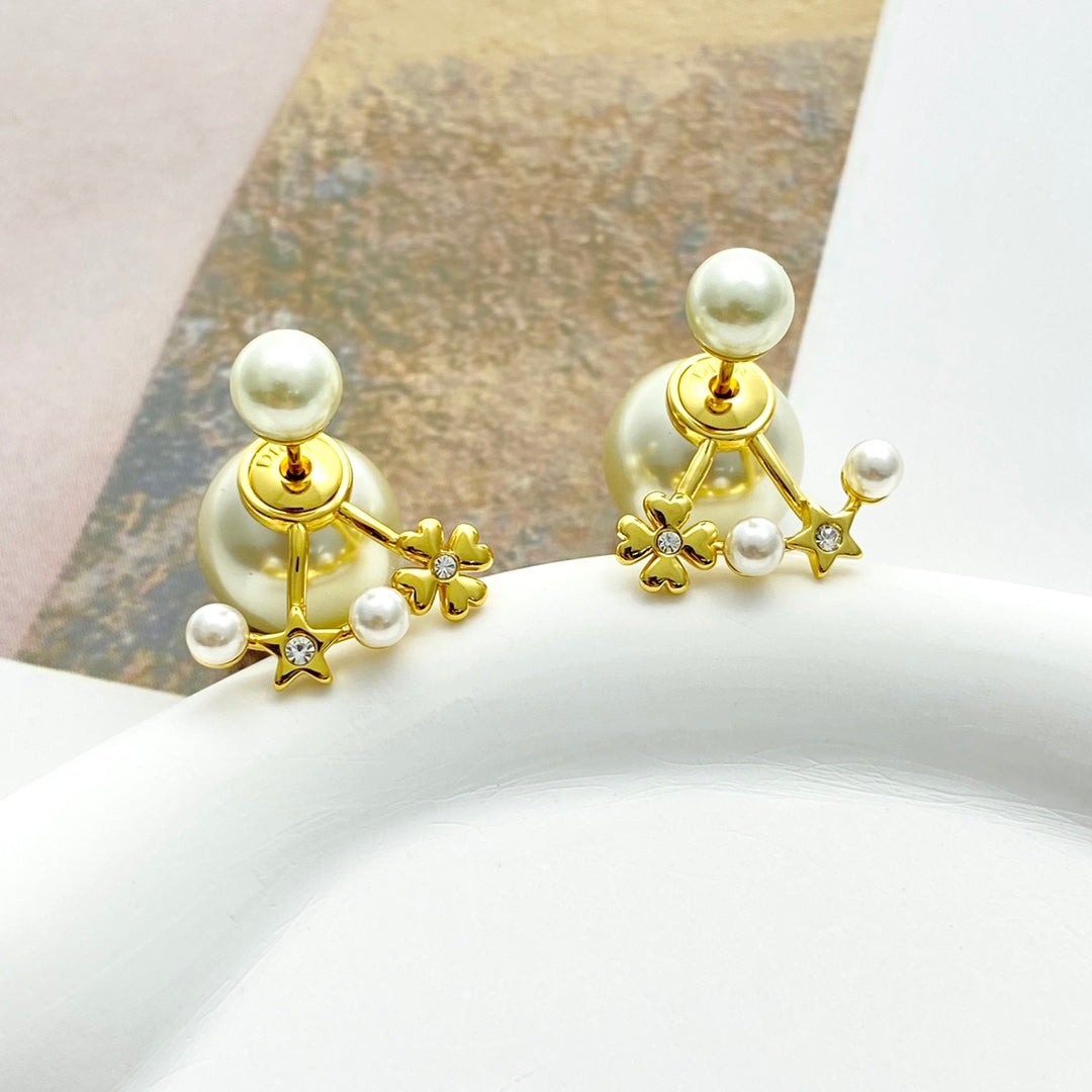 CD 26S PEARL STAR CLOVER DOUBLE STUD EARRINGS IN GOLD METAL 631770