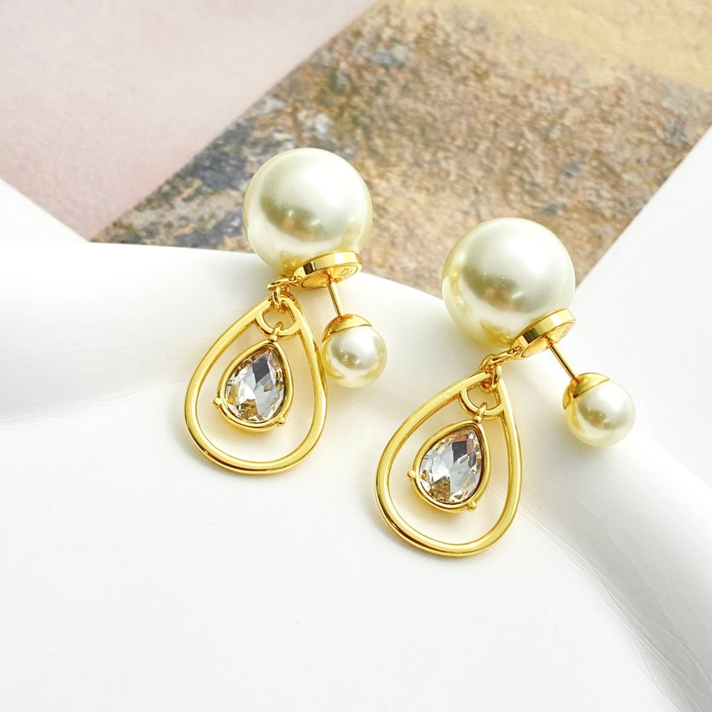 CD 26S PEARL TEARDROP CRYSTAL DOUBLE STUD EARRINGS IN GOLD METAL 631769