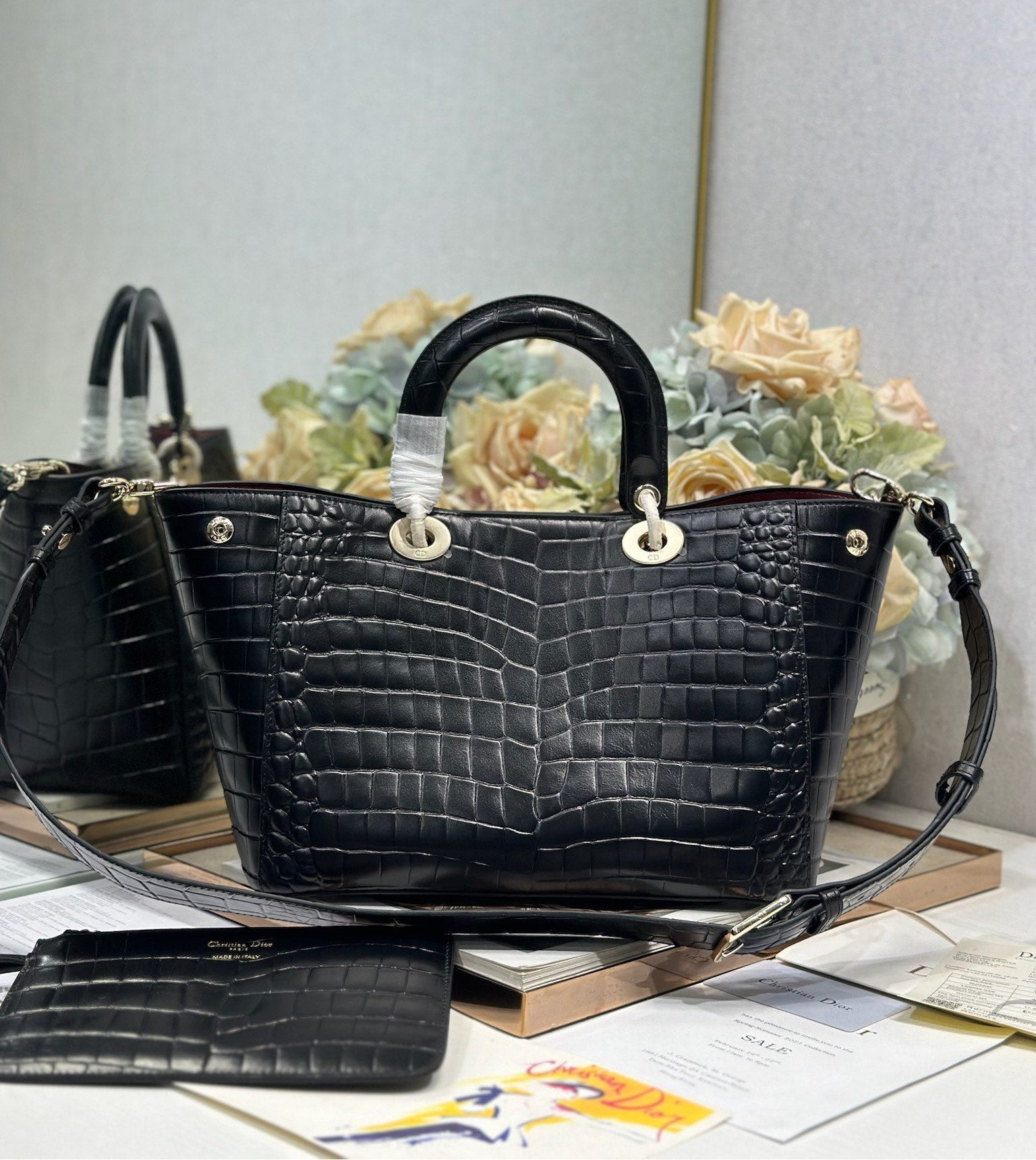 DIOR 26S TOUJOURS BAG 28 IN BLACK CROCODILE LEATHER