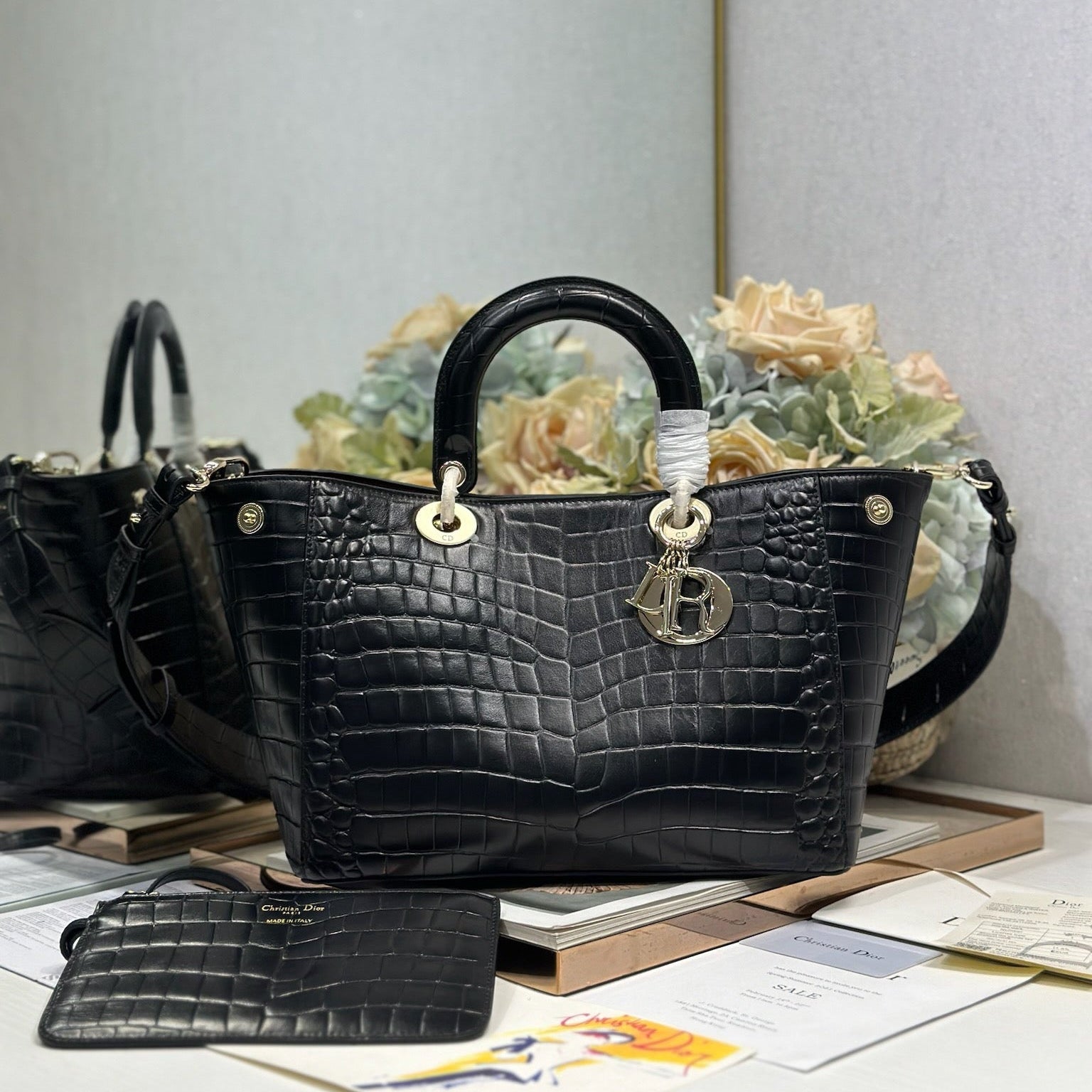 DIOR 26S TOUJOURS BAG 28 IN BLACK CROCODILE LEATHER