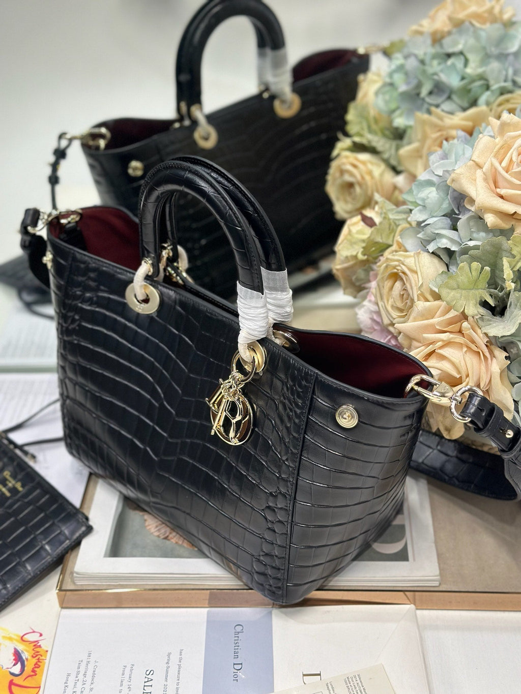 DIOR 26S TOUJOURS BAG 28 IN BLACK CROCODILE LEATHER
