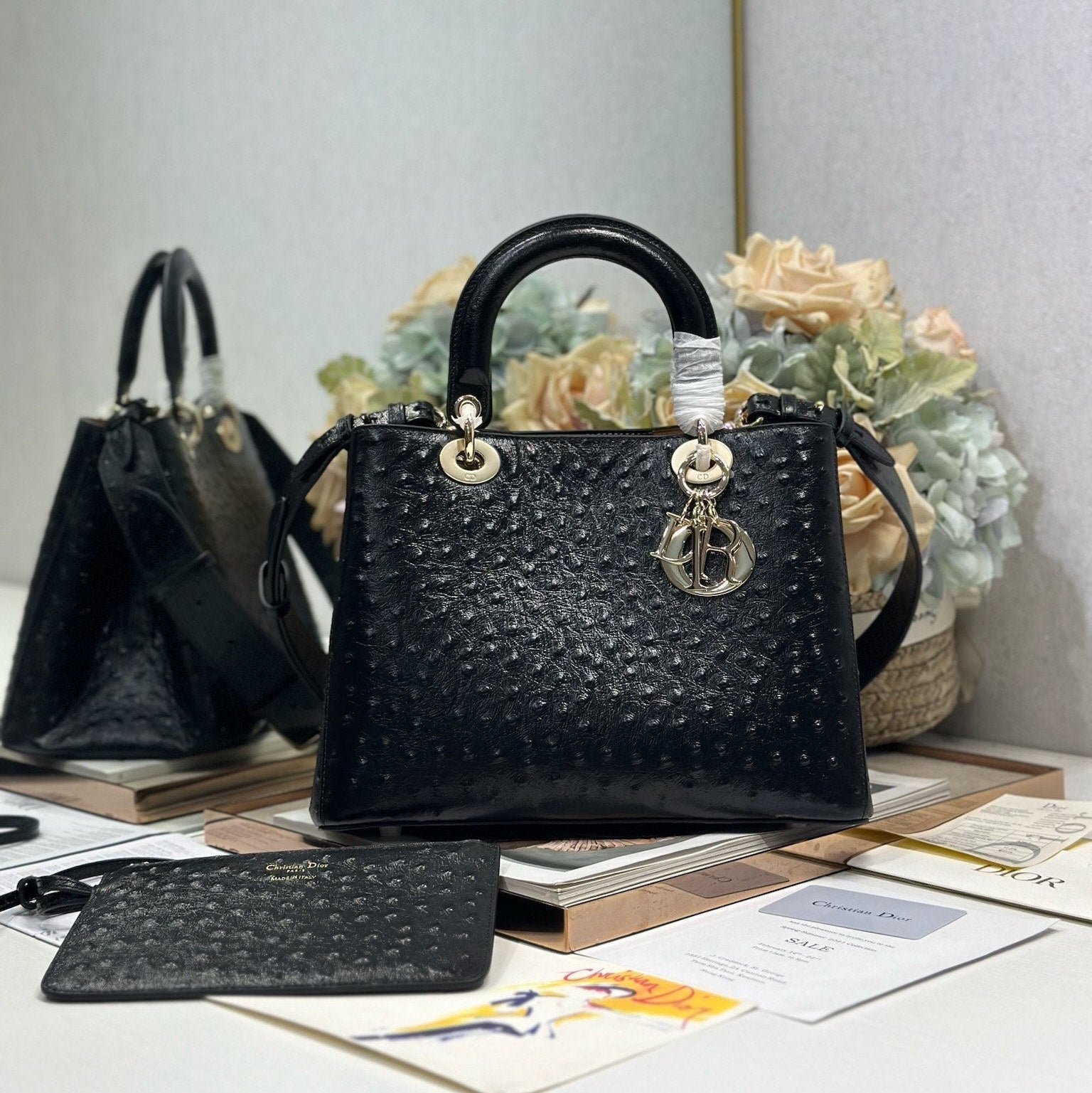 DIOR 26S TOUJOURS BAG 28 IN BLACK OSTRICH