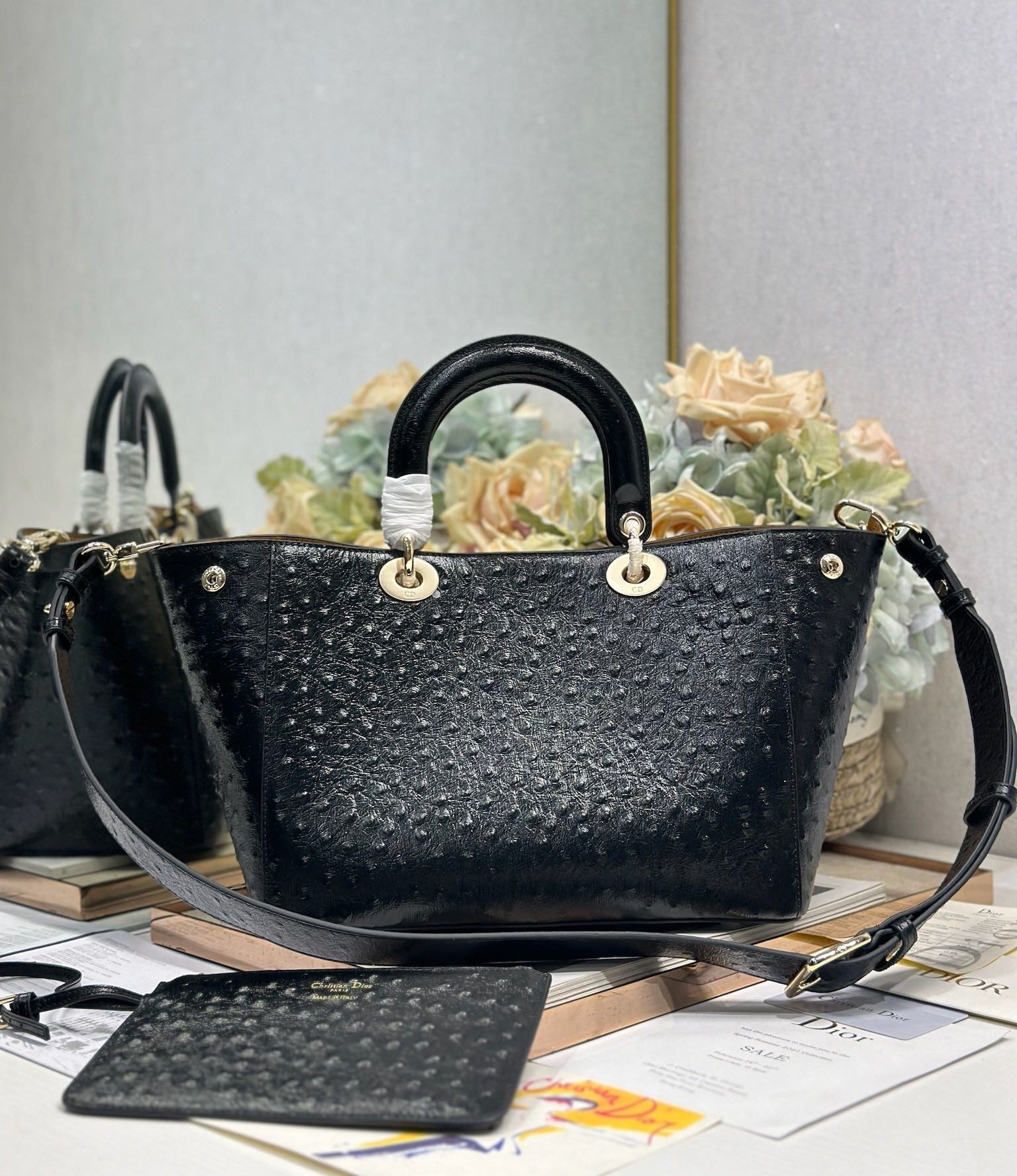 DIOR 26S TOUJOURS BAG 28 IN BLACK OSTRICH