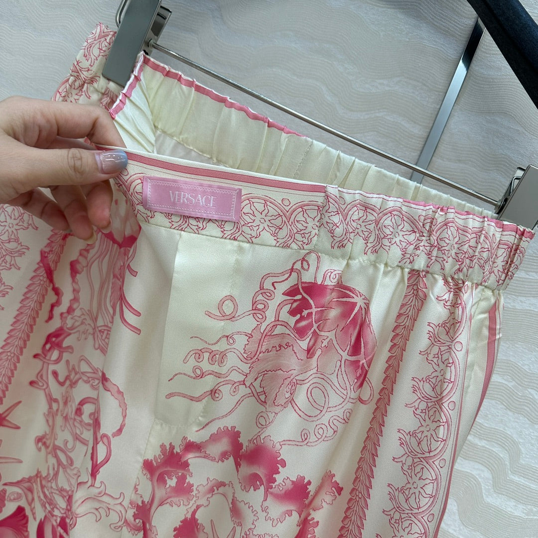 VERSACE SILK STRAIGHT-LEG PANTS WITH CORAL PRINT 263974