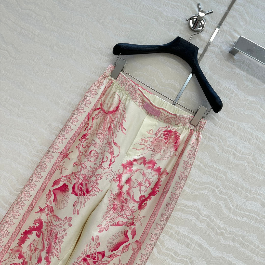 VERSACE SILK STRAIGHT-LEG PANTS WITH CORAL PRINT 263974