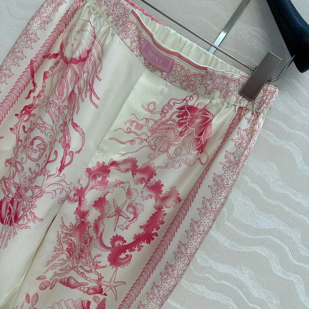 VERSACE SILK STRAIGHT-LEG PANTS WITH CORAL PRINT 263974