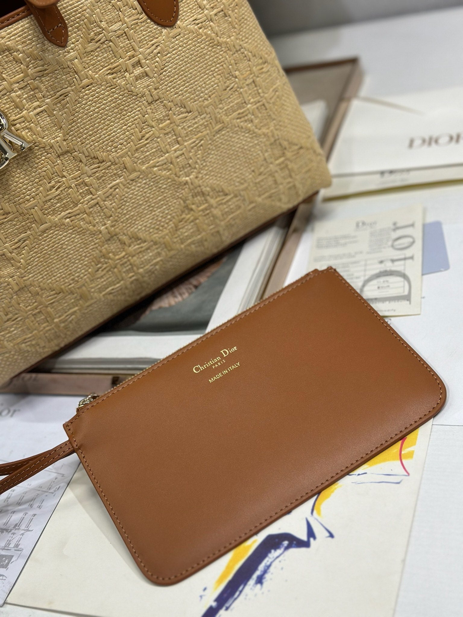 DIOR 26S TOUJOURS BAG 28 IN BROWN AND BEIGE RAFFIA