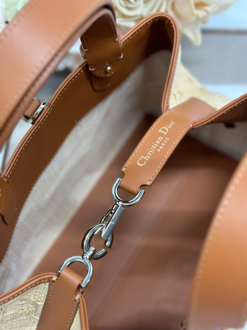 DIOR 26S TOUJOURS BAG 28 IN BROWN AND BEIGE RAFFIA