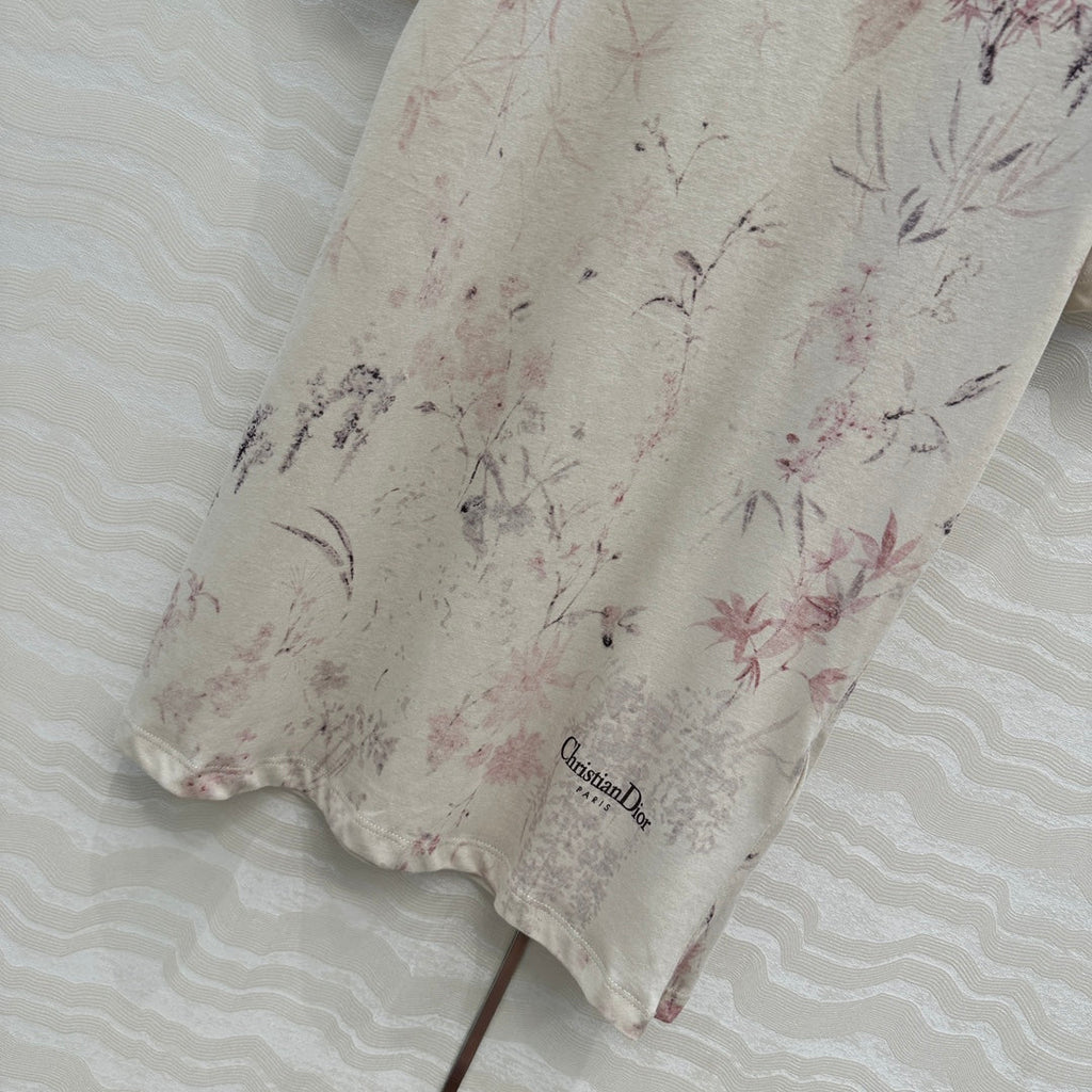 DIOR INK FLOWER PRINTED COTTON-LINEN T-SHIRT