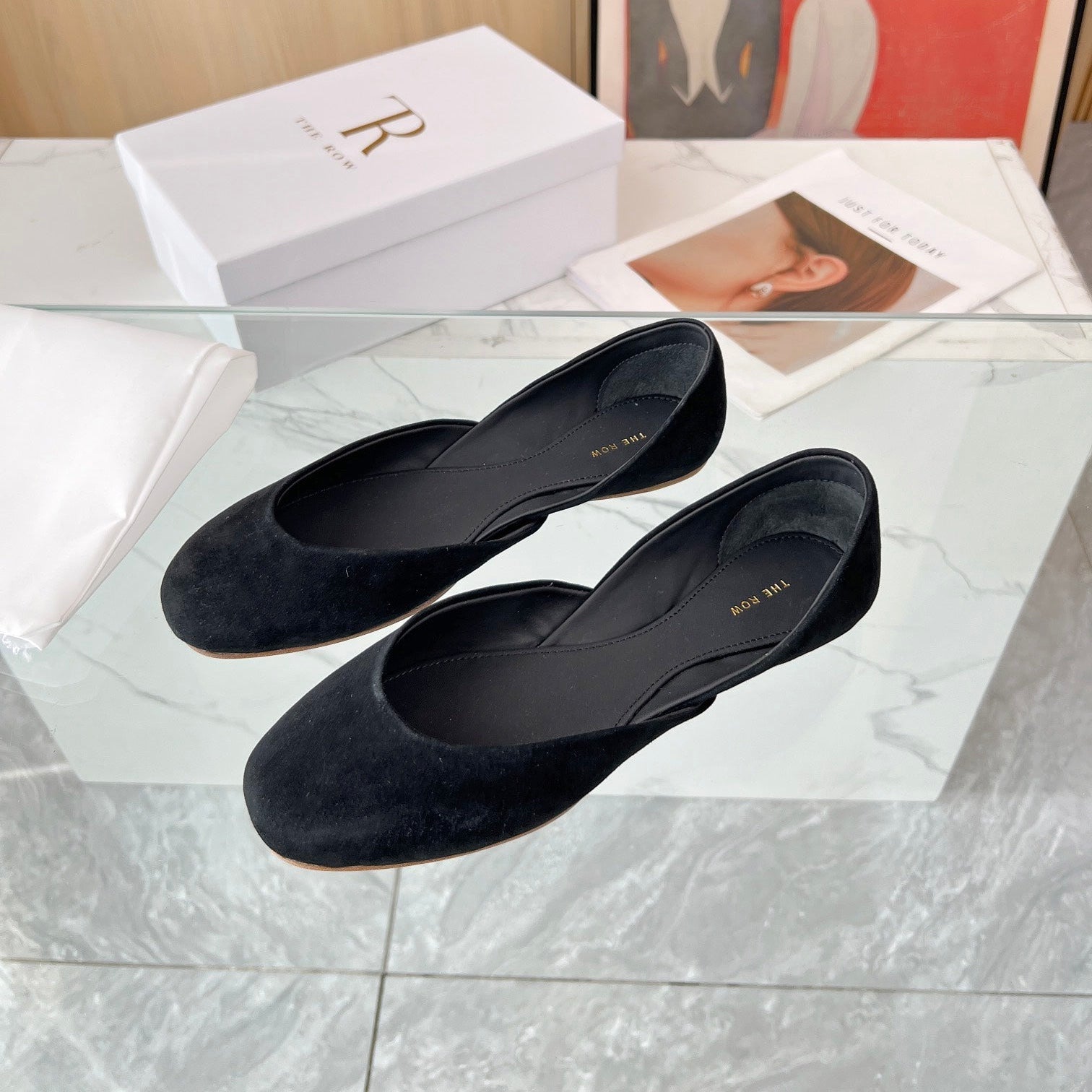 THE ROW 26S ROUND TOE BALLET FLATS IN BLACK SUEDE