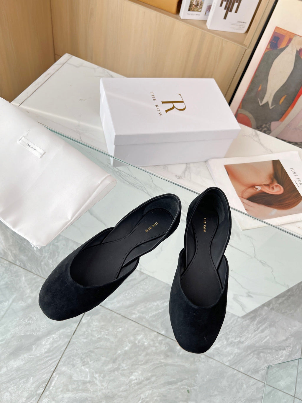 THE ROW 26S ROUND TOE BALLET FLATS IN BLACK SUEDE