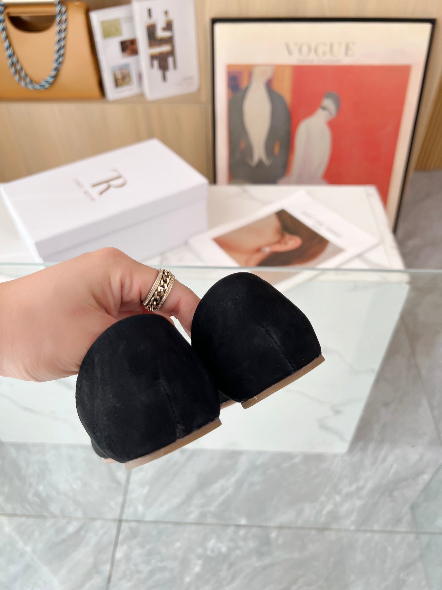 THE ROW 26S ROUND TOE BALLET FLATS IN BLACK SUEDE