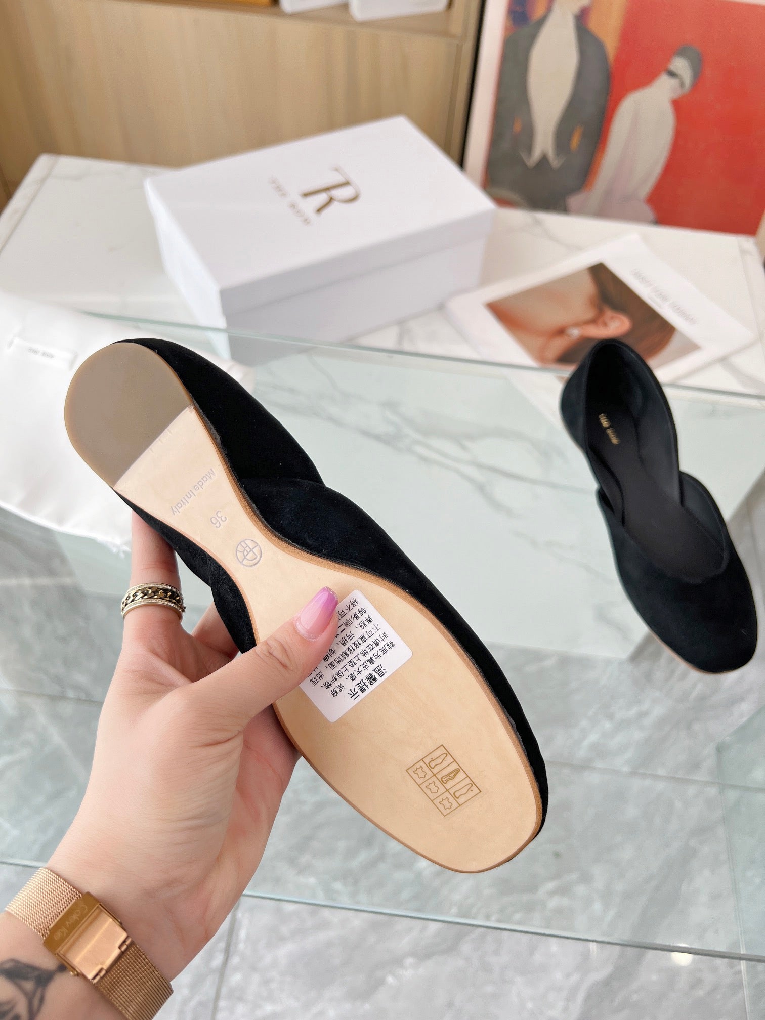 THE ROW 26S ROUND TOE BALLET FLATS IN BLACK SUEDE