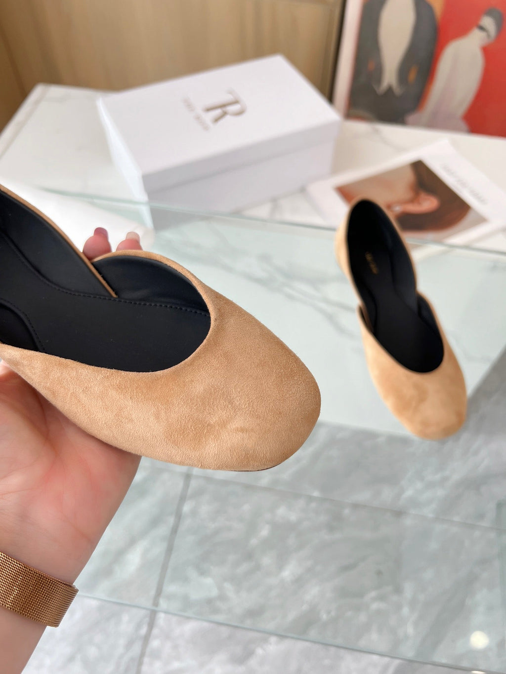 THE ROW 26S ROUND TOE BALLET FLATS IN DARK BEIGE SUEDE