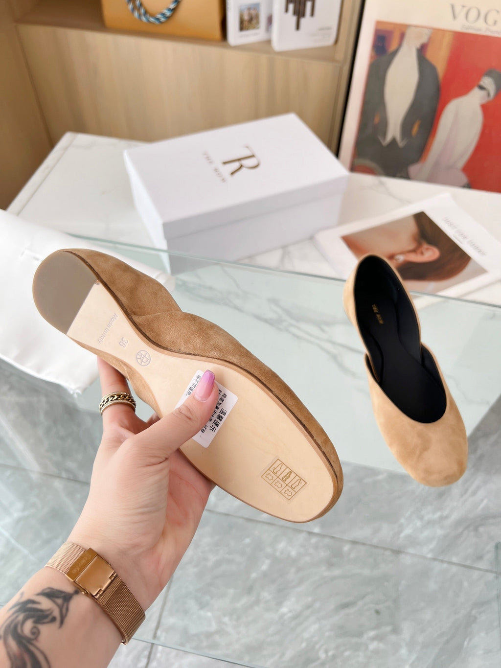 THE ROW 26S ROUND TOE BALLET FLATS IN DARK BEIGE SUEDE