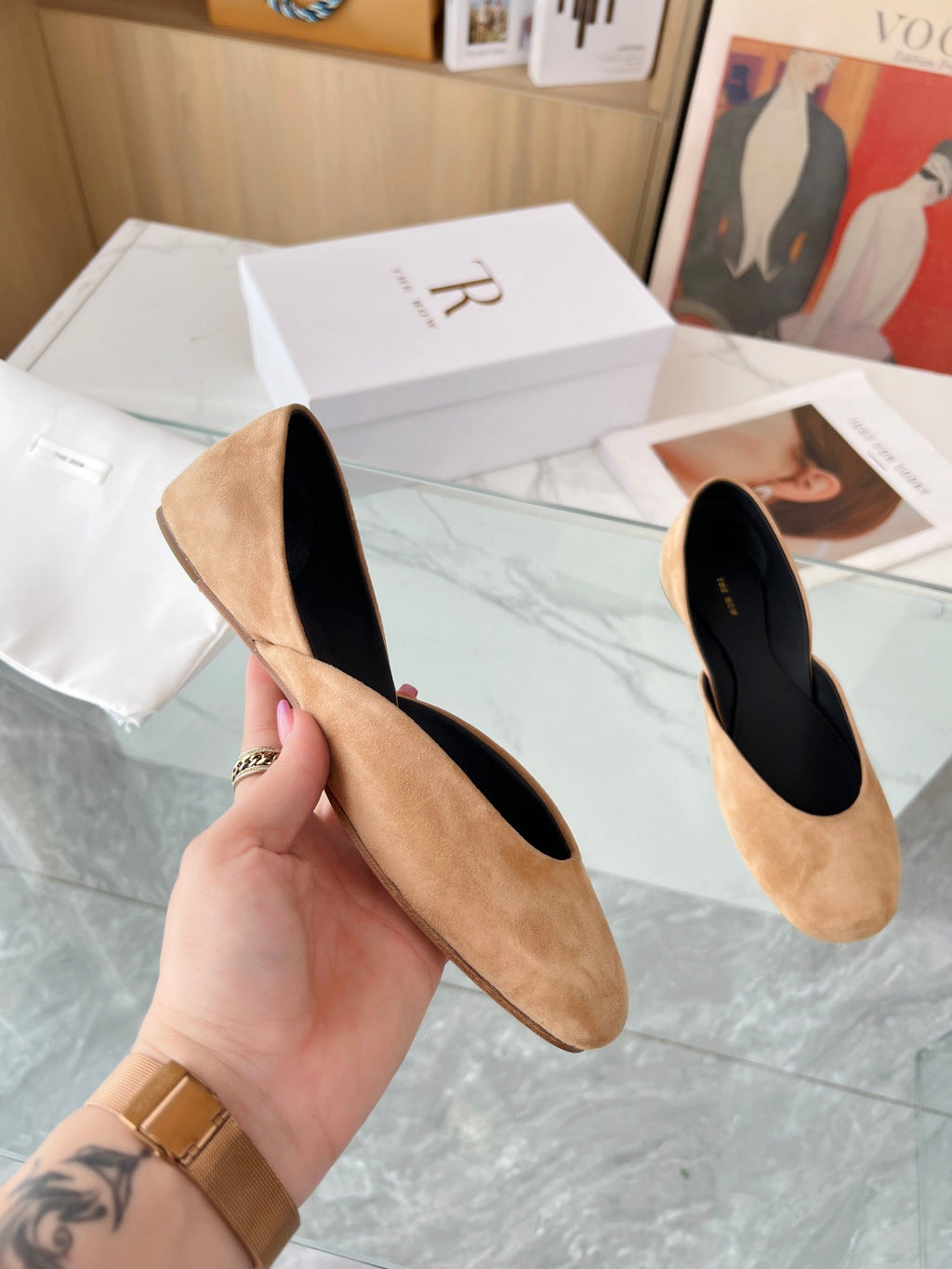 THE ROW 26S ROUND TOE BALLET FLATS IN DARK BEIGE SUEDE