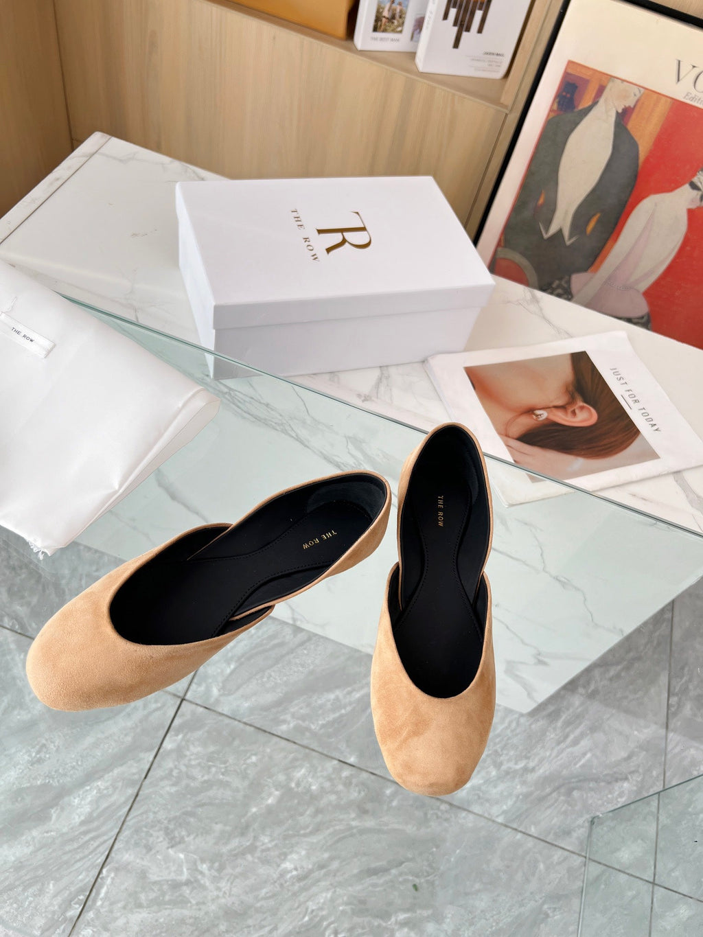 THE ROW 26S ROUND TOE BALLET FLATS IN DARK BEIGE SUEDE