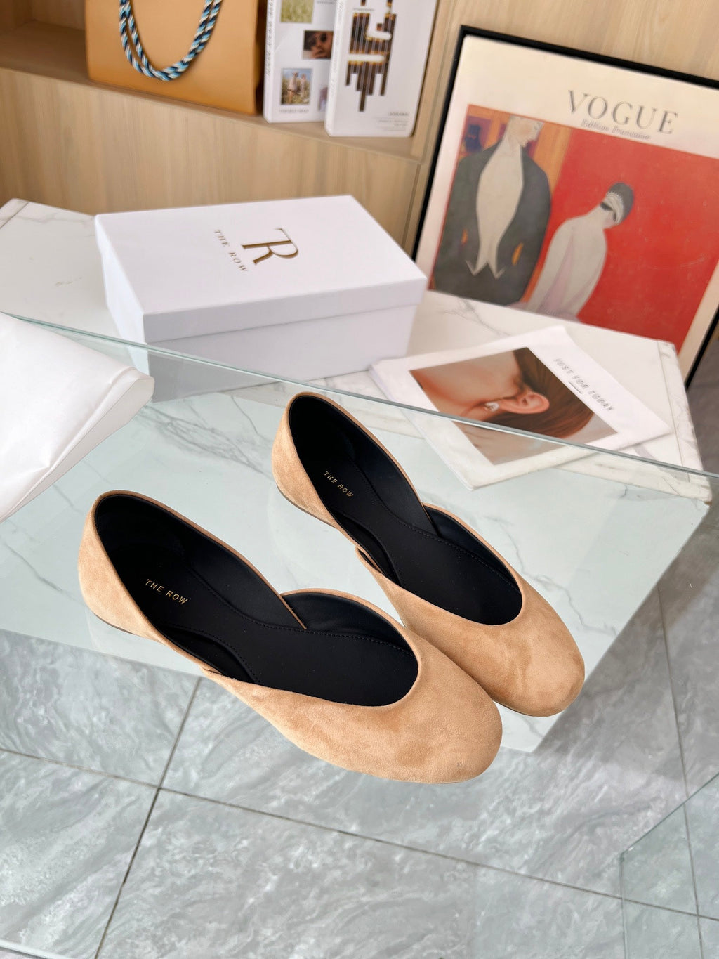THE ROW 26S ROUND TOE BALLET FLATS IN DARK BEIGE SUEDE