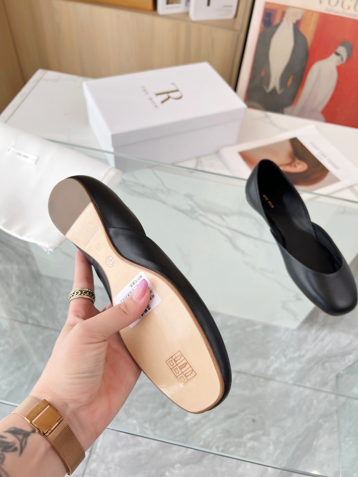 THE ROW 26S ROUND TOE BALLET FLATS IN BLACK CALFSKIN