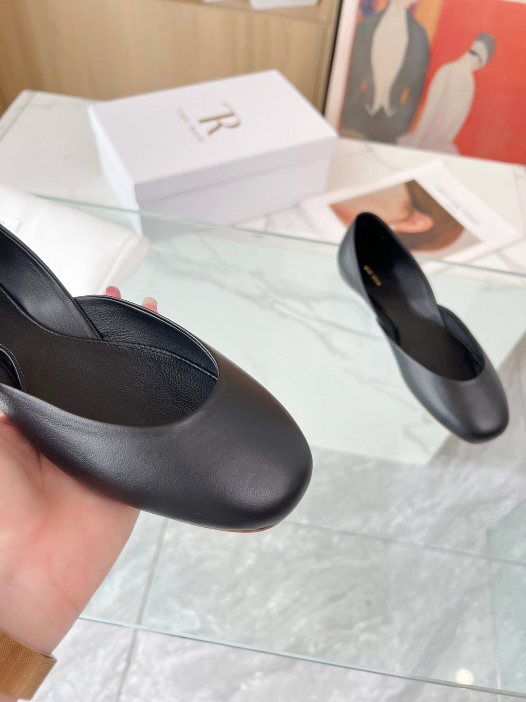 THE ROW 26S ROUND TOE BALLET FLATS IN BLACK CALFSKIN