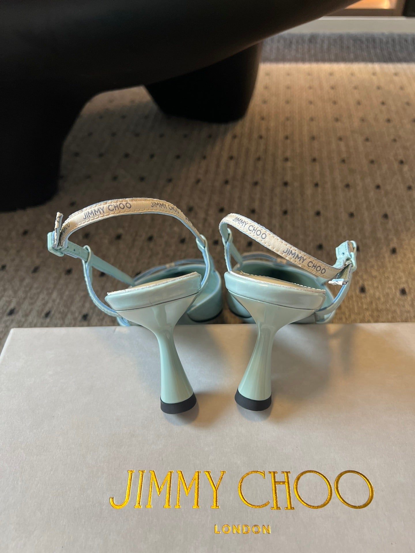 JIMMY CHOO 26S SLINGBACK HEELS 65 MM IN PASTEL BLUE PATENT CALFSKIN