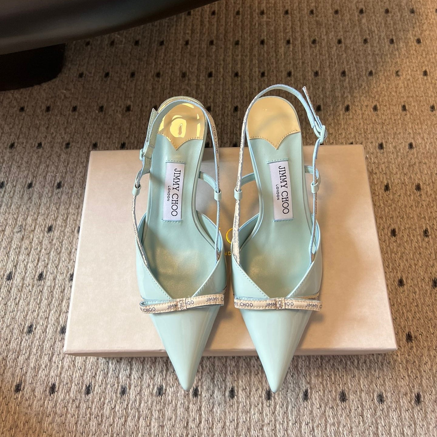JIMMY CHOO 26S SLINGBACK HEELS 65 MM IN PASTEL BLUE PATENT CALFSKIN
