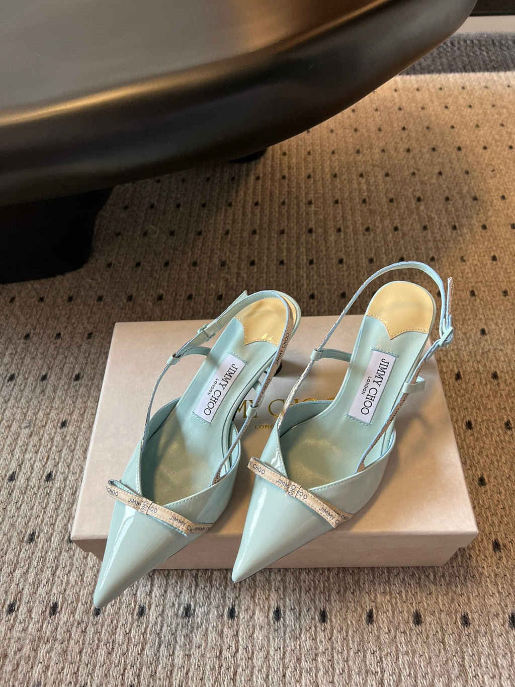 JIMMY CHOO 26S SLINGBACK HEELS 65 MM IN PASTEL BLUE PATENT CALFSKIN
