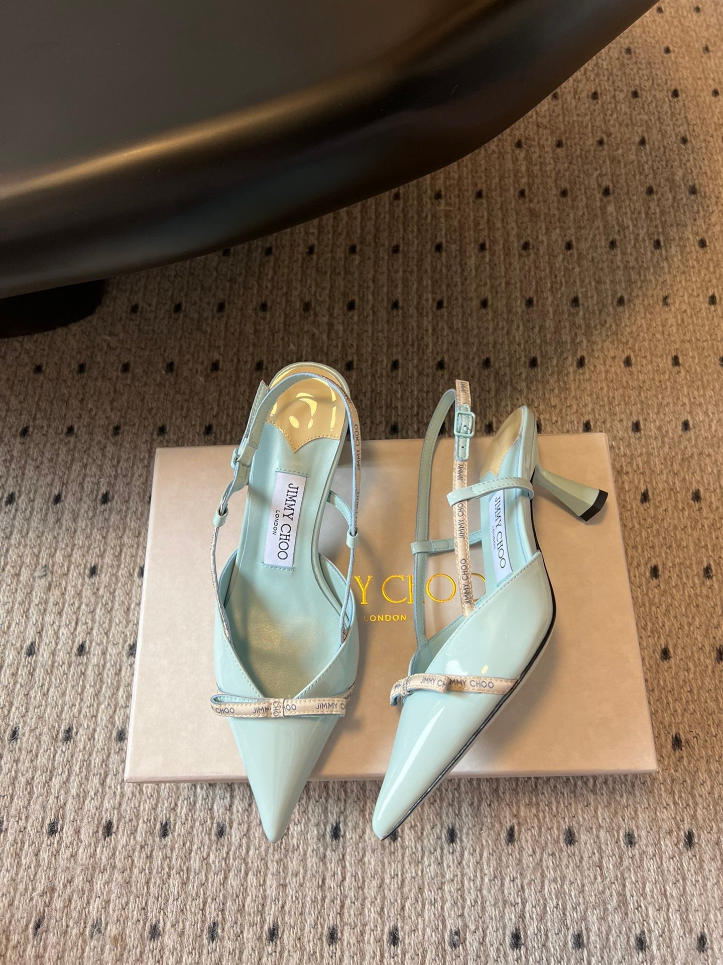 JIMMY CHOO 26S SLINGBACK HEELS 65 MM IN PASTEL BLUE PATENT CALFSKIN