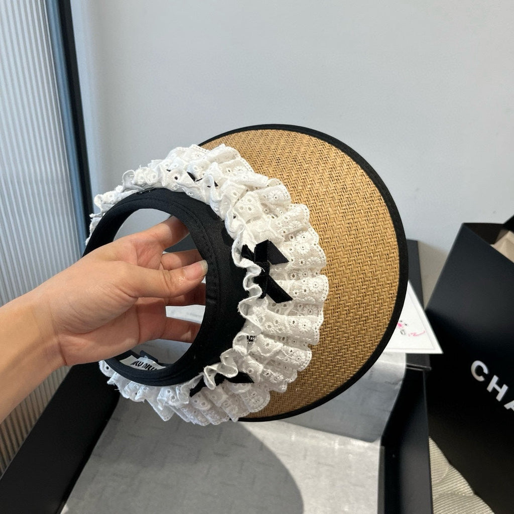 MIUMIU OPEN-TOP STRAW HAT IN BEIGE MIX WHITE EYELET FABRIC