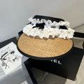 MIUMIU OPEN-TOP STRAW HAT IN BEIGE MIX WHITE EYELET FABRIC