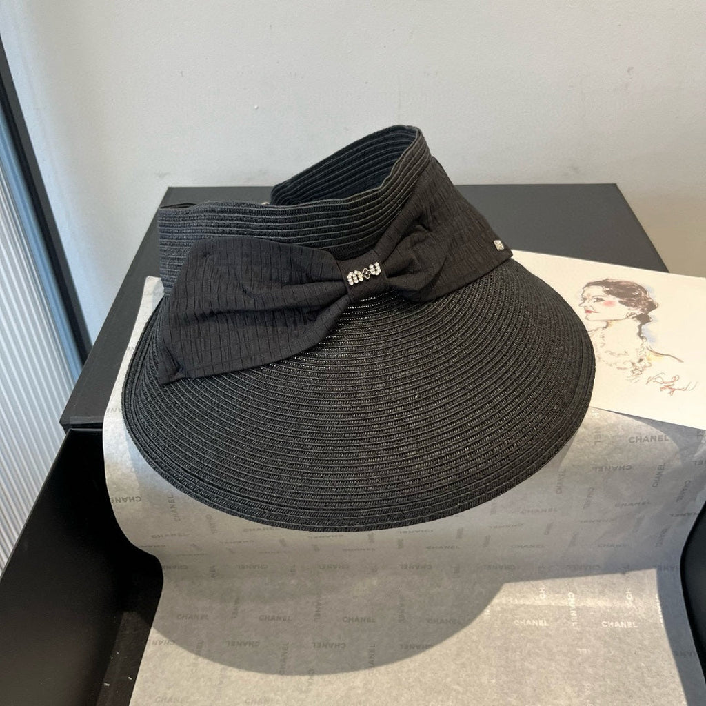 MIUMIU OPEN-TOP STRAW HAT IN BLACK WITH LARGE BOW