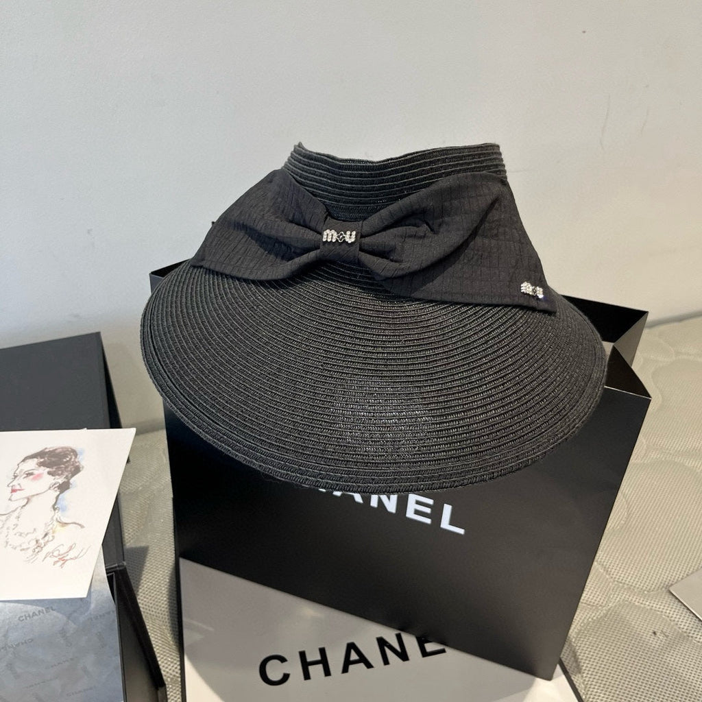 MIUMIU OPEN-TOP STRAW HAT IN BLACK WITH LARGE BOW