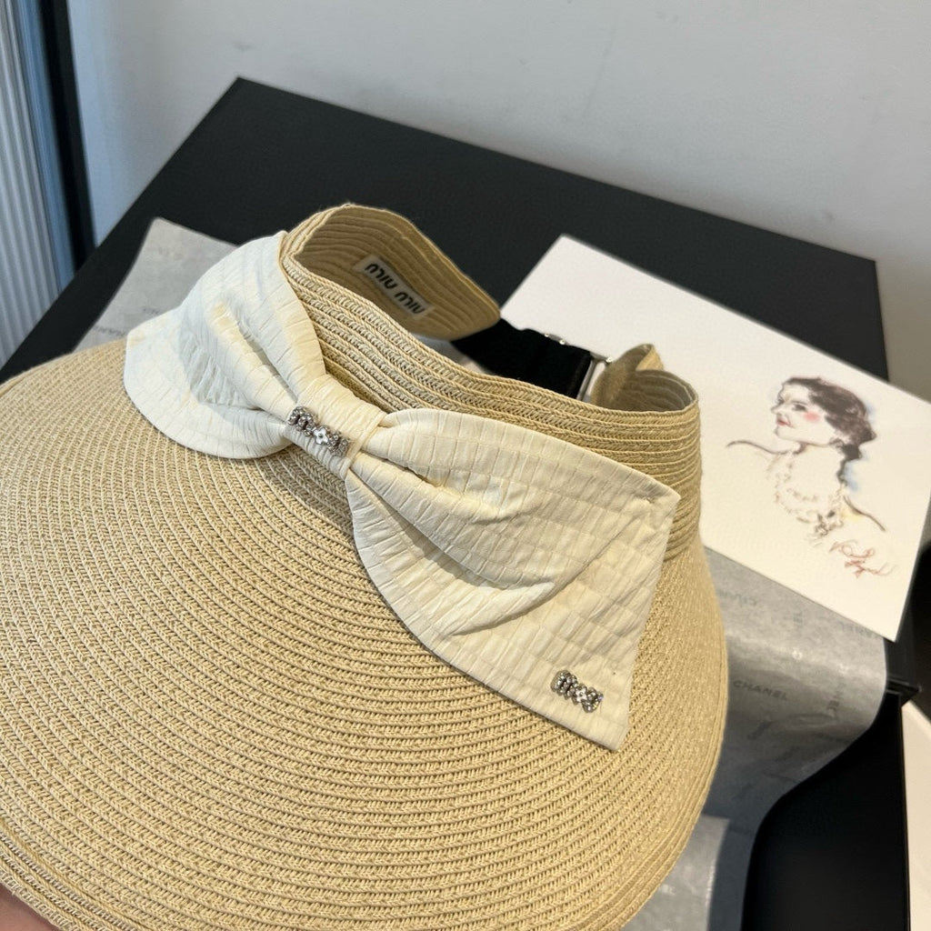 MIUMIU OPEN-TOP STRAW HAT IN LIGHT BEIGE WITH LARGE BOW