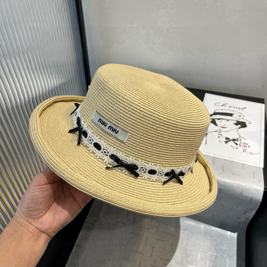 MIUMIU SMALL BRIM CURVED STRAW HAT IN BEIGE