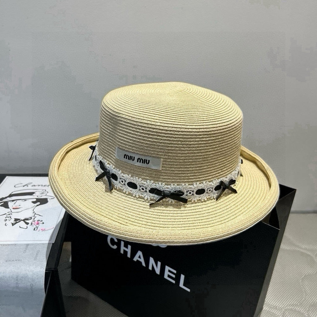 MIUMIU SMALL BRIM CURVED STRAW HAT IN BEIGE