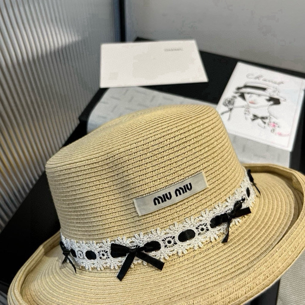 MIUMIU SMALL BRIM CURVED STRAW HAT IN BEIGE
