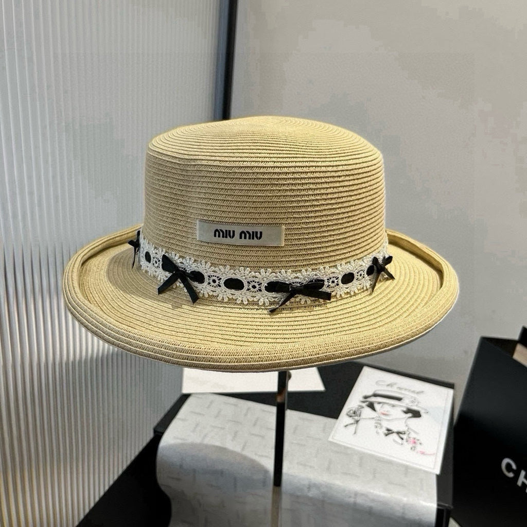 MIUMIU SMALL BRIM CURVED STRAW HAT IN BEIGE