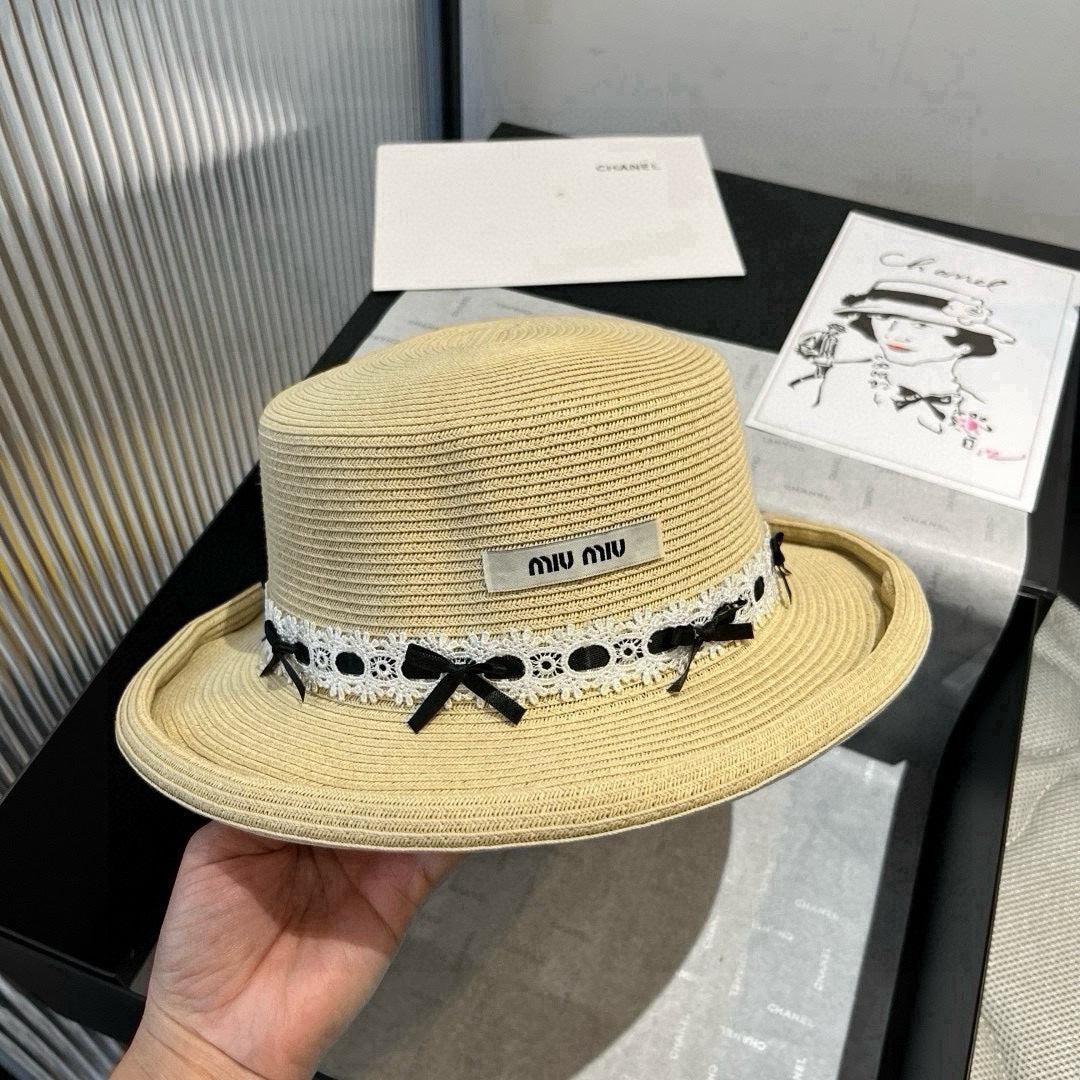 MIUMIU SMALL BRIM CURVED STRAW HAT IN BEIGE