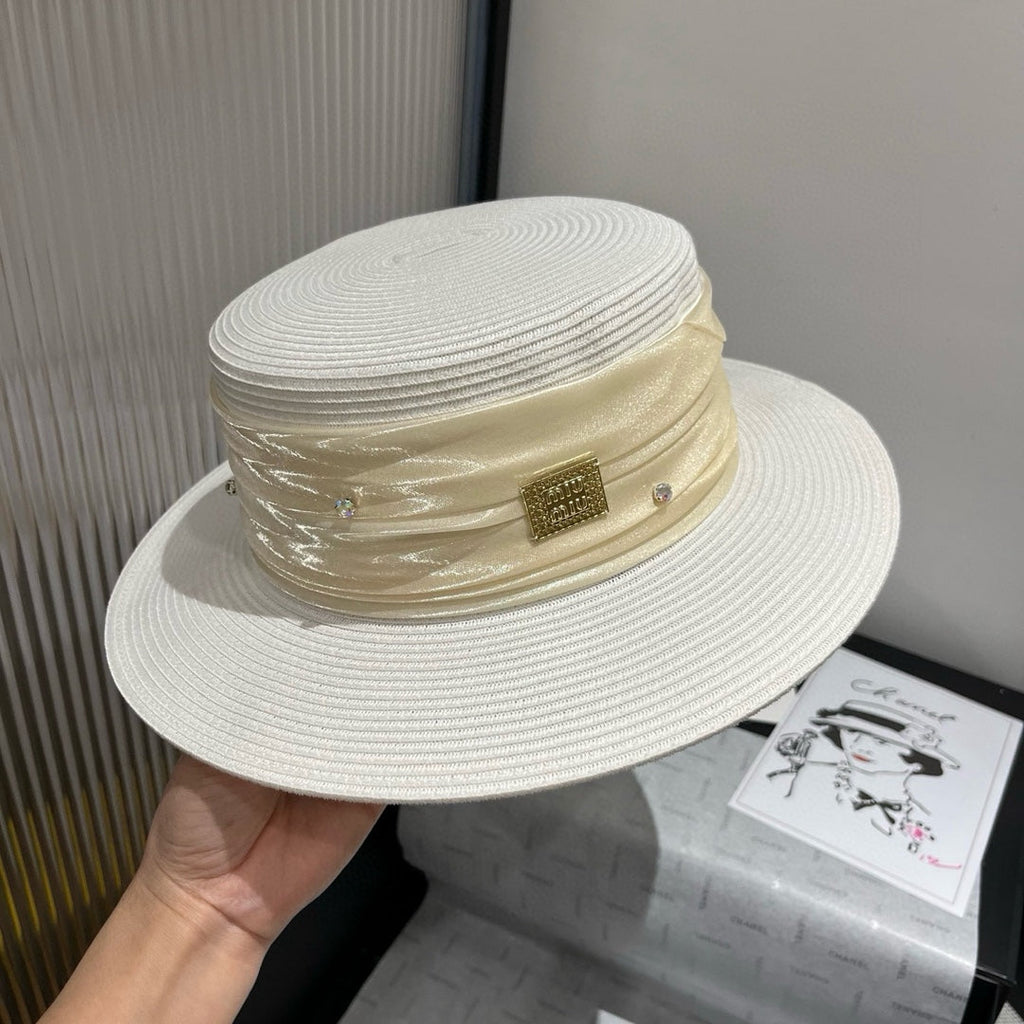 MIUMIU STRAW HAT IN WHITE WITH RHINESTONE EMBELLISHED