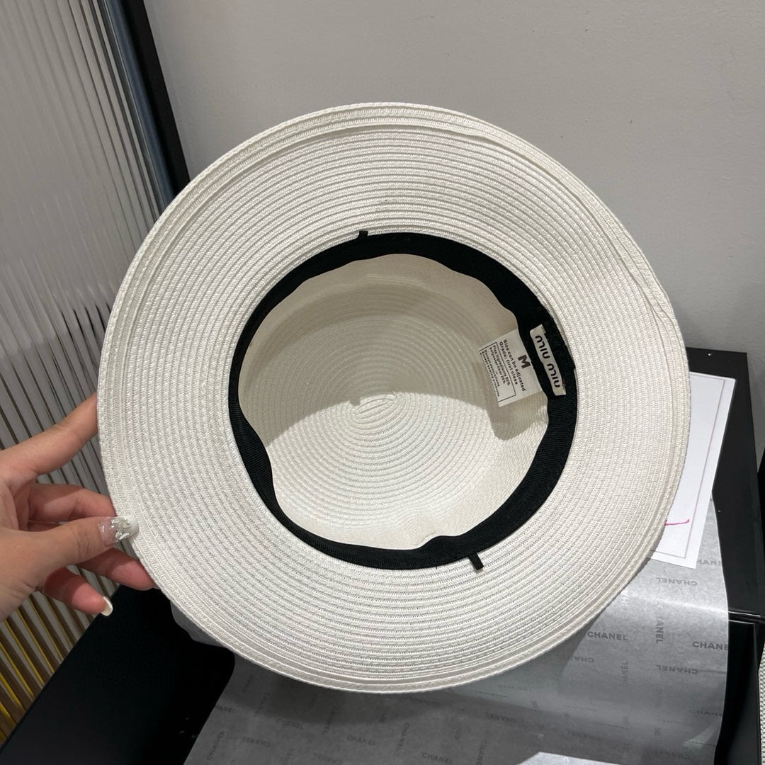 MIUMIU STRAW HAT IN WHITE WITH RHINESTONE EMBELLISHED
