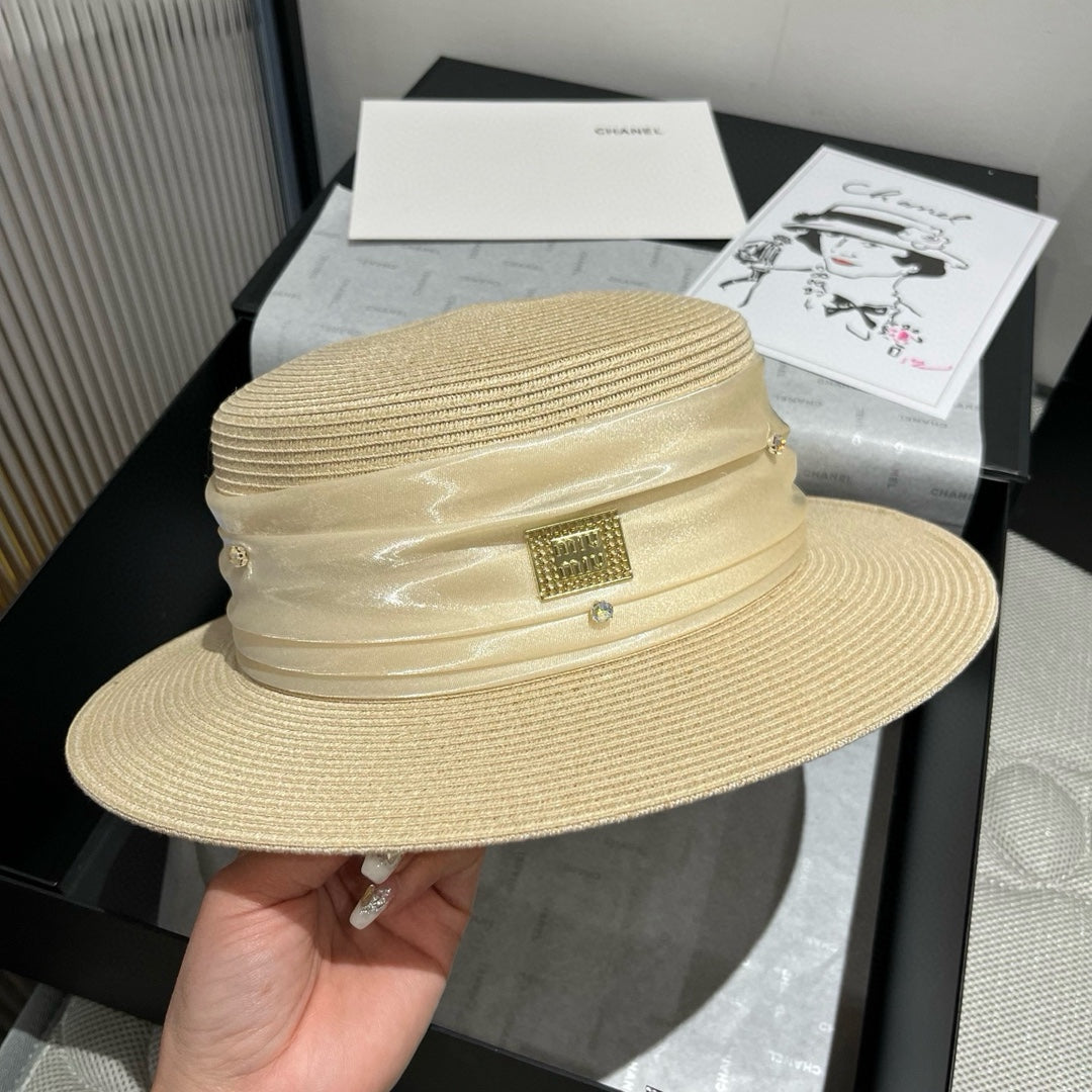 MIUMIU STRAW HAT IN LIGHT BEIGE WITH RHINESTONE EMBELLISHED