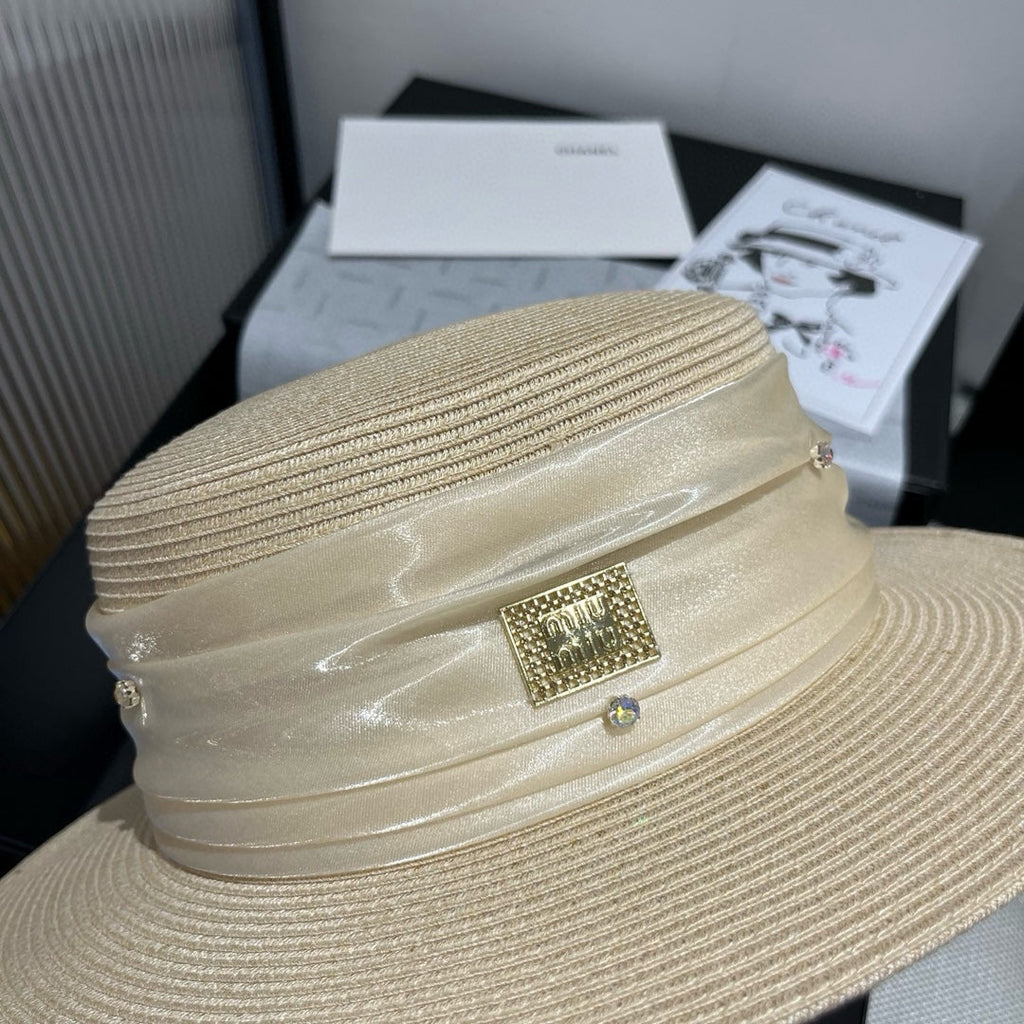 MIUMIU STRAW HAT IN LIGHT BEIGE WITH RHINESTONE EMBELLISHED
